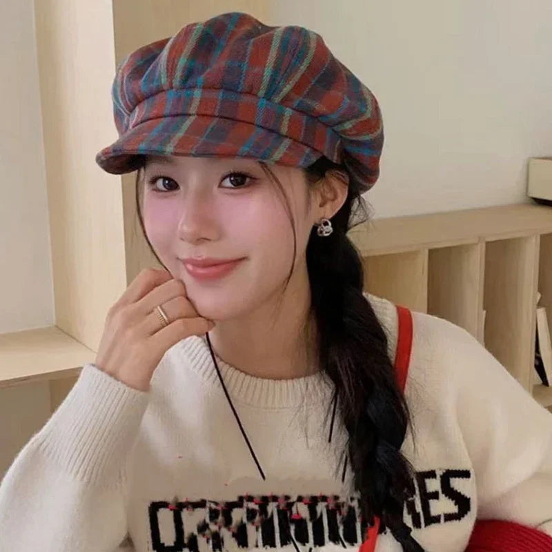 2025 Vintage Plaid Newsboy Cap - 8-Panel British Baker Boy Hat for Women, Slimming Face Retro Flat Cap