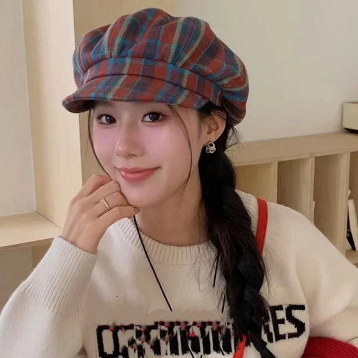 2025 Vintage Plaid Newsboy Cap - 8-Panel British Baker Boy Hat for Women, Slimming Face Retro Flat Cap
