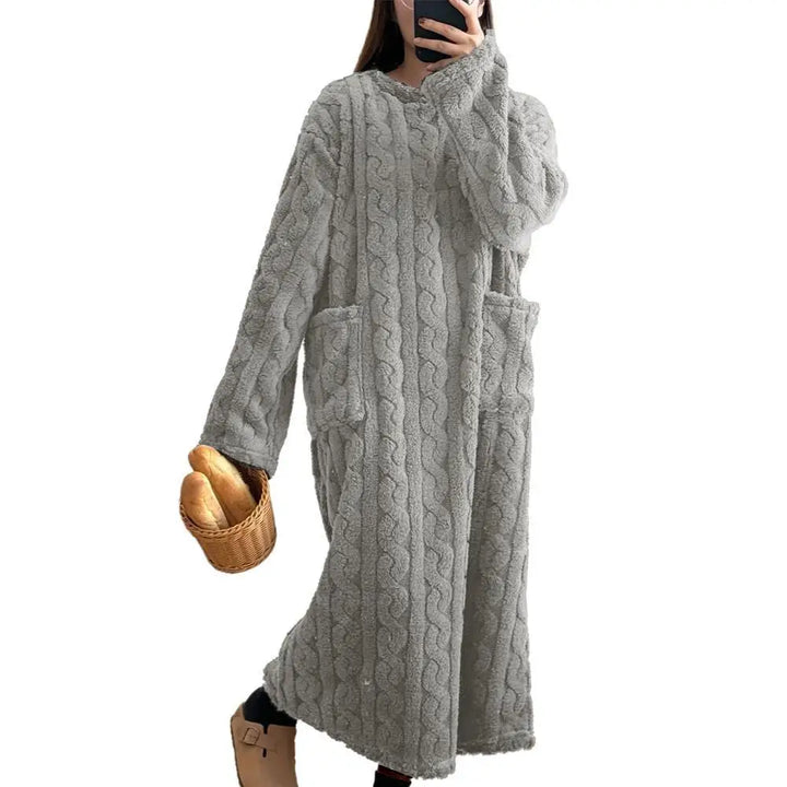Winter Women Flannel Nightgowns Long Sleeve Double Pocket Loose Solid Sleepwear Jacquard Night Dress Thickened Warm Nightdress