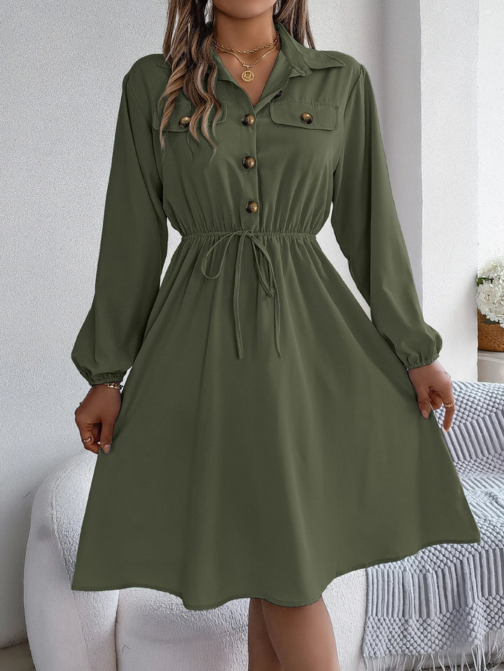 Autumn Winter Dresses for Women Casual Solid Color Button Tie Up Long Sleeved Shirt Dress Blue Green Black Red Woman Clothing