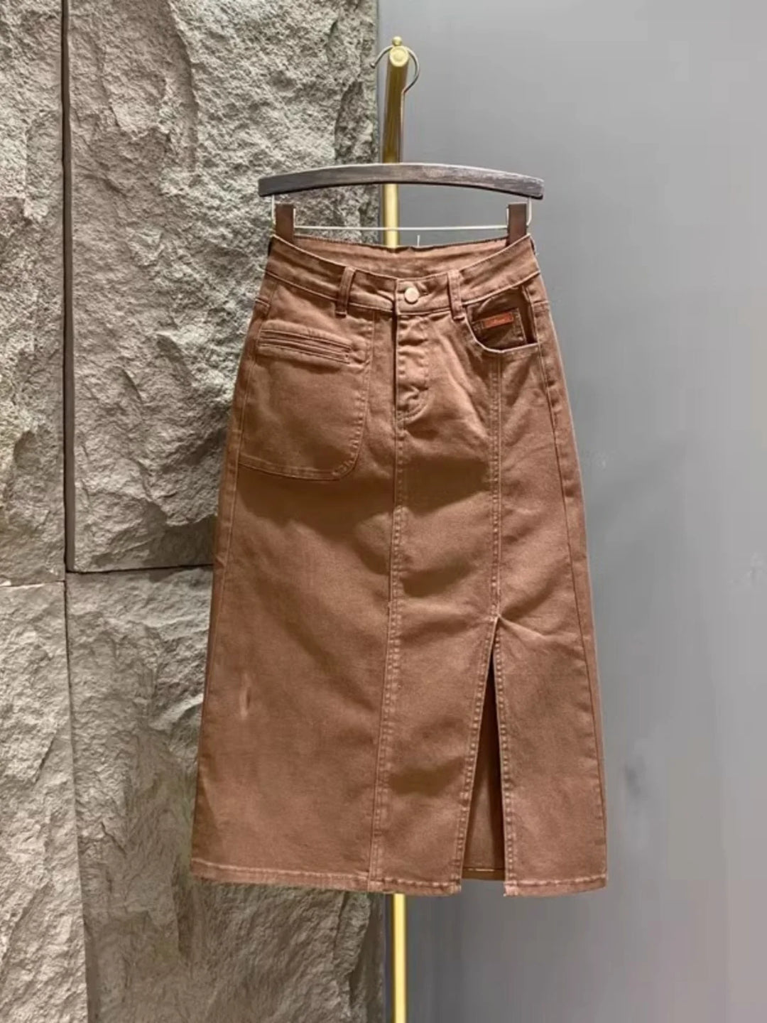 High Waist A-Line Midi Slit Denim Skirt Women&