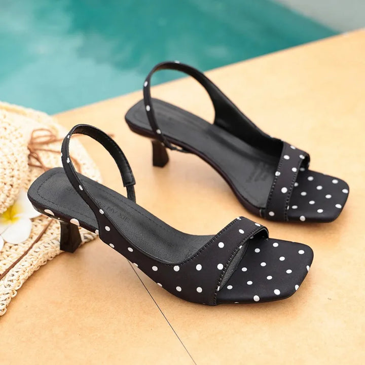 Elegant White Polka Dot Slingback Heeled Sandals for Women - Square Toe 4CM Kitten Heel Summer Party Shoes