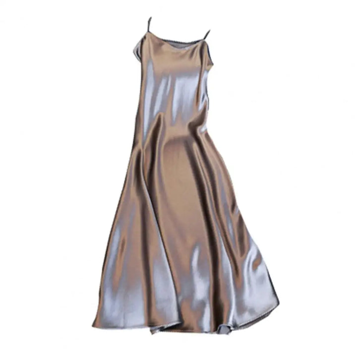 Women Slip Dress Silky Satin V Neck Backless Sleeveless Spaghetti Strap Prom Party Dress A-line Loose Hem Strappy Dress