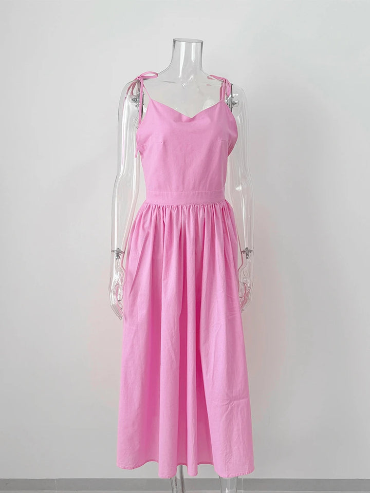 WXOY Cotton Backless Maxi Dress French Style Spaghetti Strap Solid Color Elegant Holiday Sleeveless Sundress Vacation Outfit