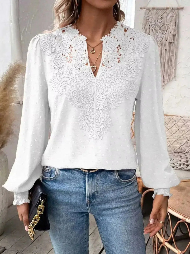 2026 New V-Neck Lace Splicing Long Sleeve Casual Shirt Women&