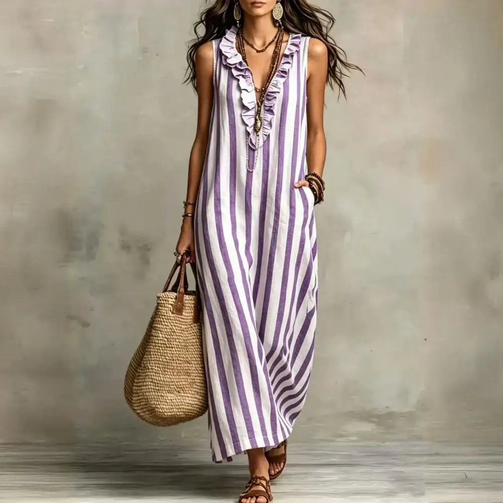 Women Striped Cotton Linen Maxi Dress Sleeveless Ruffle V Neck Long Dress Boho Beach Flowy Sundress with Pockets Elegant Women D