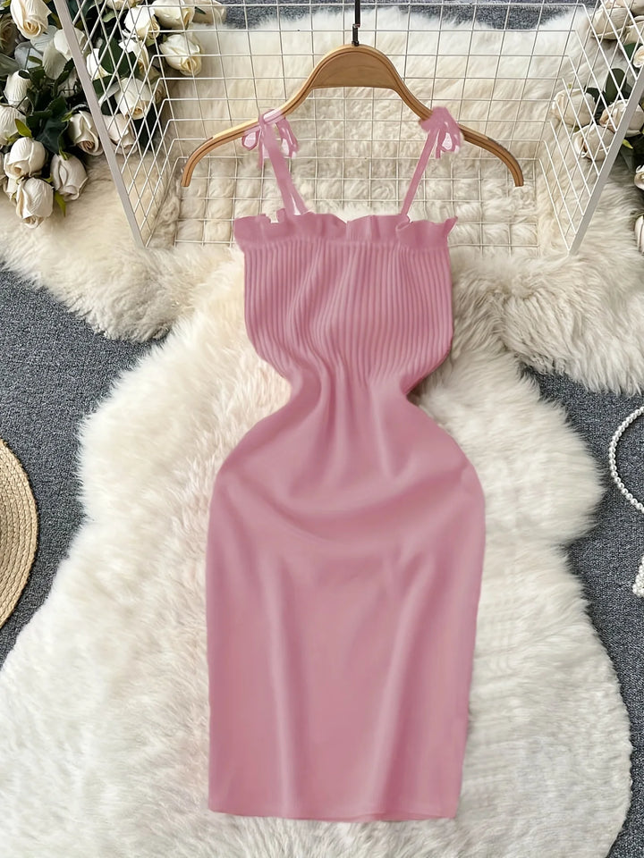 2024 Ribbed Lace Up Dress  Elegant Solid Slim Ruffle Trim Dress Women&