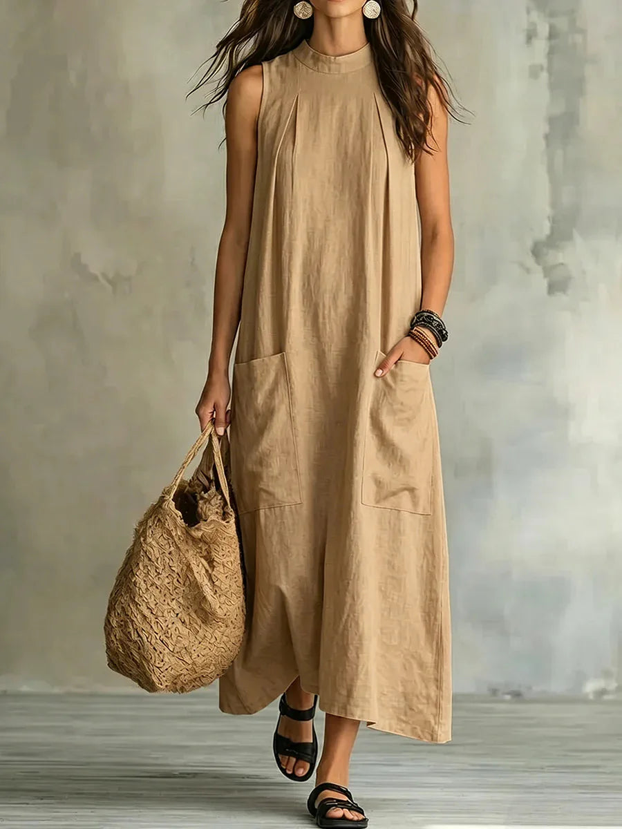 Boho Round Neck Cotton Linen Maxi Dress Women Sleeveless Loose Casual Dress with Side Pockets