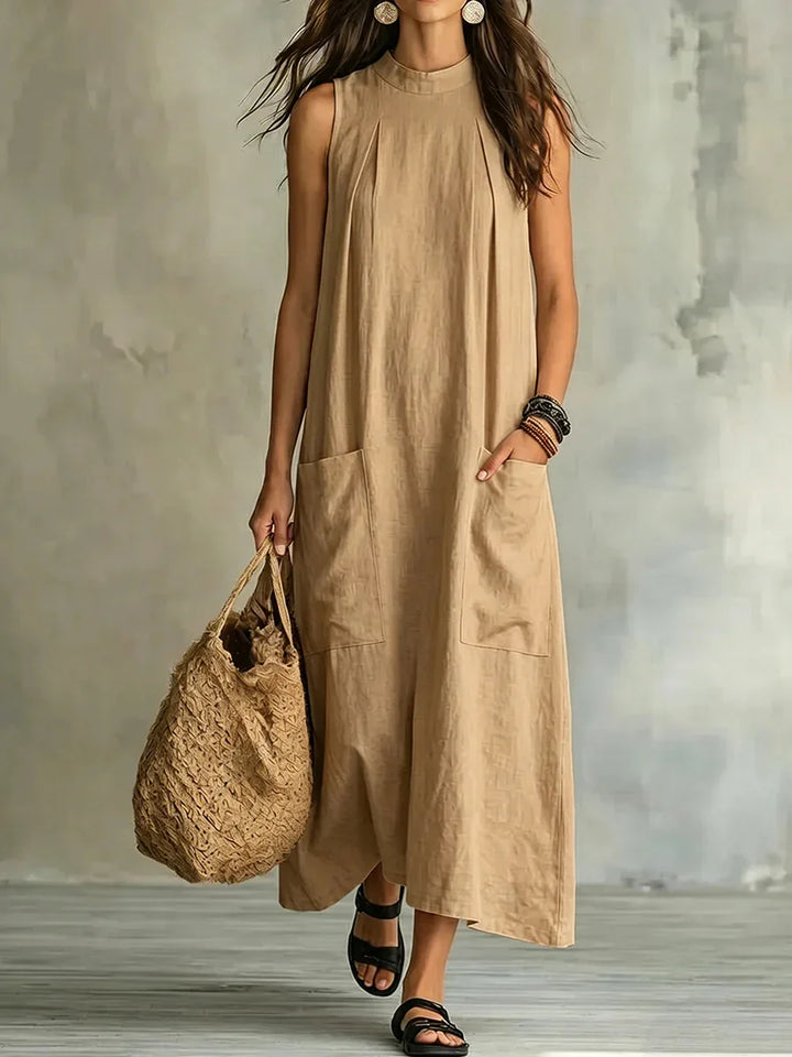 Boho Round Neck Cotton Linen Maxi Dress Women Sleeveless Loose Casual Dress with Side Pockets