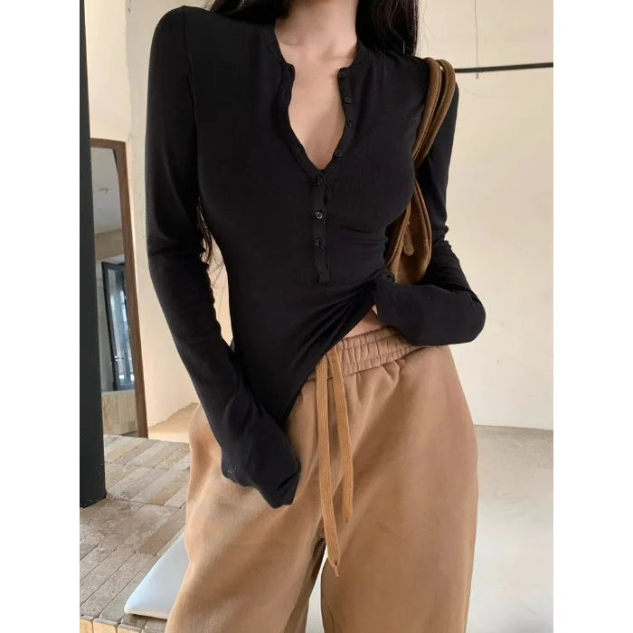 V-neck Long-sleeved T-shirt for Women with Button Design Slim Inner Tees Layering Top