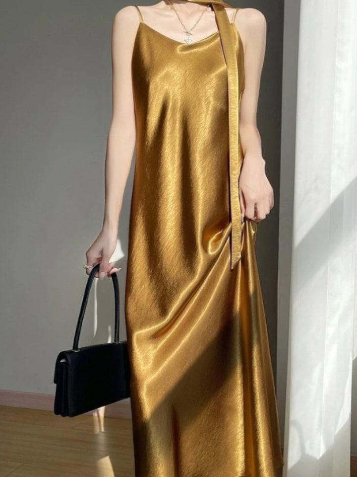 French Elegant Satin Camis Dress Women Summer Loose with Ribbon Midi Dress Female Fashion Aesthetic Party Evening Slip Dress