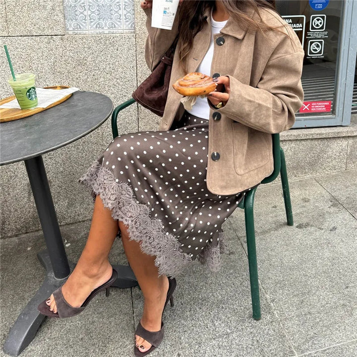 hirigin Women Elegant Lace Satin Spliced Midi Skirts Sexy Dots Print High Waist Retro Casual Straight Midi Skirts Y2K Streetwear