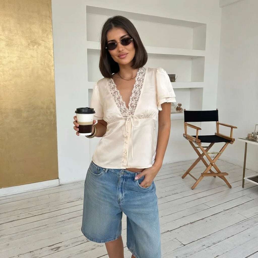 Satin Lace V-Neck T-shirt Top For Women Summer Lace-Up Hollow Out Short Sleeve Cropped Tops Pullover Female Bandage Tops Tee