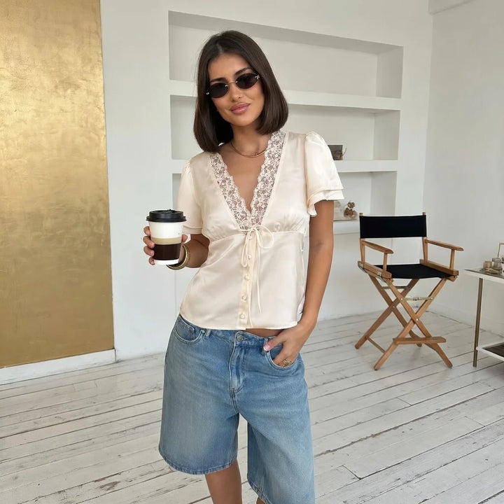 Satin Lace V-Neck T-shirt Top For Women Summer Lace-Up Hollow Out Short Sleeve Cropped Tops Pullover Female Bandage Tops Tee