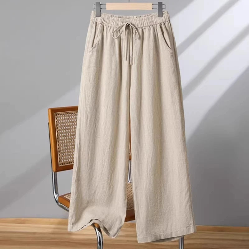 Linen Wide Leg Pants Women Summer Thin Loose Mom Small Size Big Size Casual High Waist Korean Sle Straight Tube Nine Points