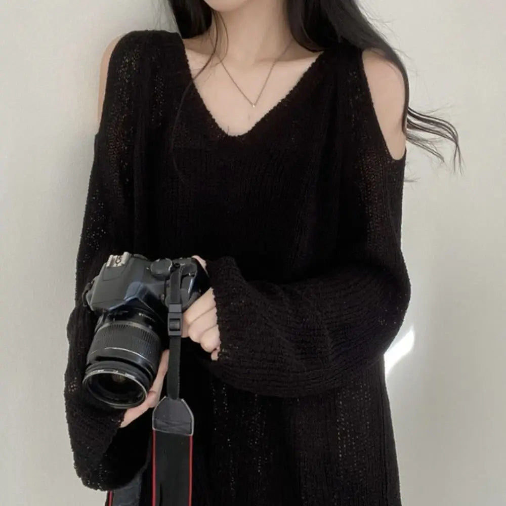 Simple Hollow Out Knit Long T-shirt Long Sleeve Pullover Crochet Knitwear V-neck Chic Knitted Loose Top Women