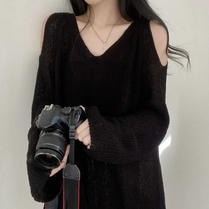 Simple Hollow Out Knit Long T-shirt Long Sleeve Pullover Crochet Knitwear V-neck Chic Knitted Loose Top Women