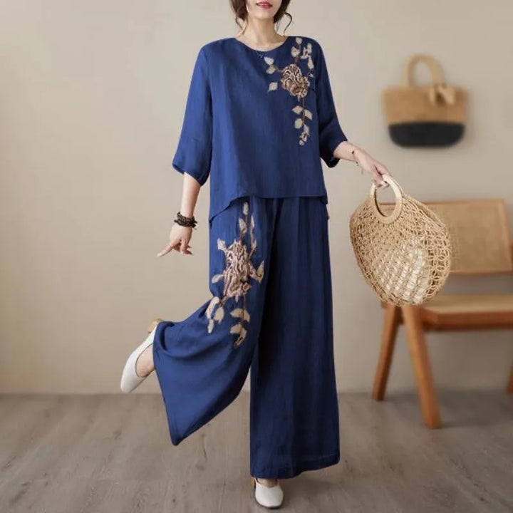 Linen Cotton Two Piece Set Women Embroidery Top Wide Leg Pants 2026 Summer Loose Fit Casual Mother Outfit for Daily Wear