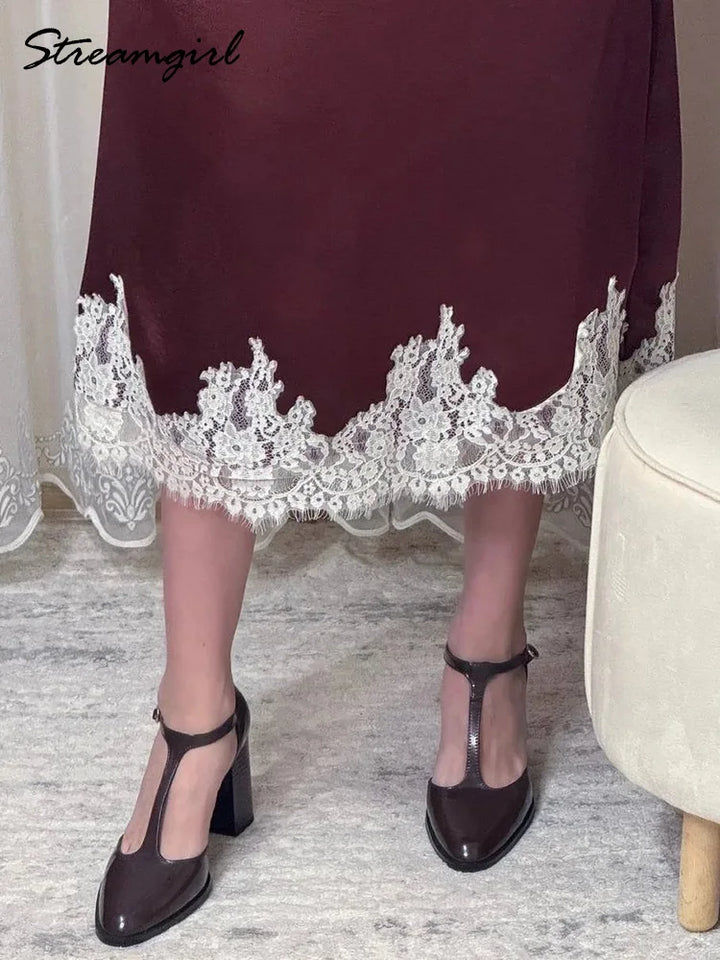 Streamgirl Midi Lace Satin Skirts Women Spring Summer High Waist Straight Burgundy Skirts With Lace For Women Office Wear Skirt