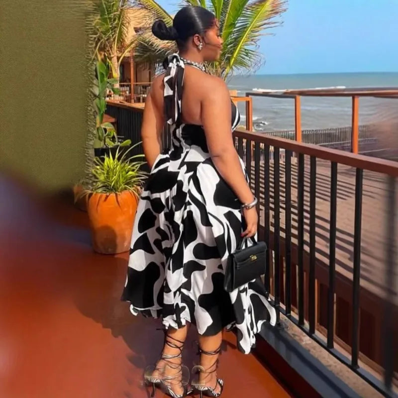 STOCK Maxi Tiered Dresses for Woman Backless Sexy Summer Vacation Dress Slim Fit Sleeveless Elegant Black and White Long Dress