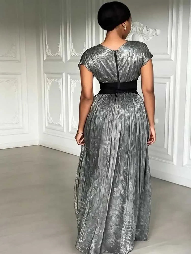 Black Dresses Woman Elegant Short Sleeve Curvy Evening Dress for Party Vintage Chic Long Pleated Dress