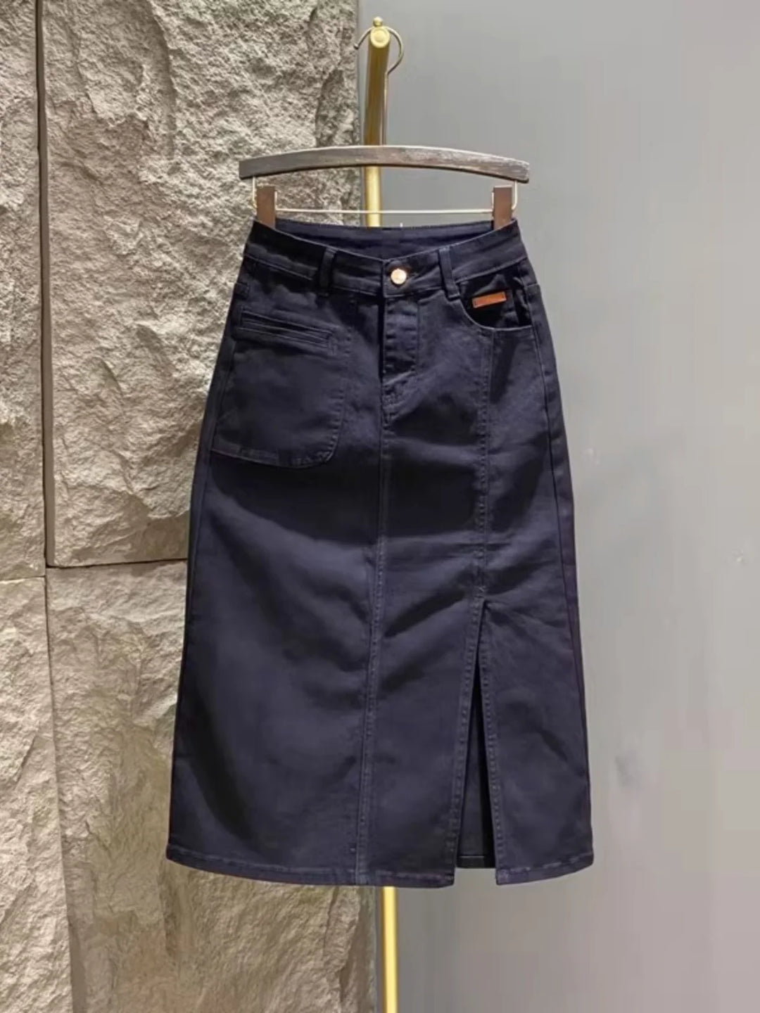 High Waist A-Line Midi Slit Denim Skirt Women&