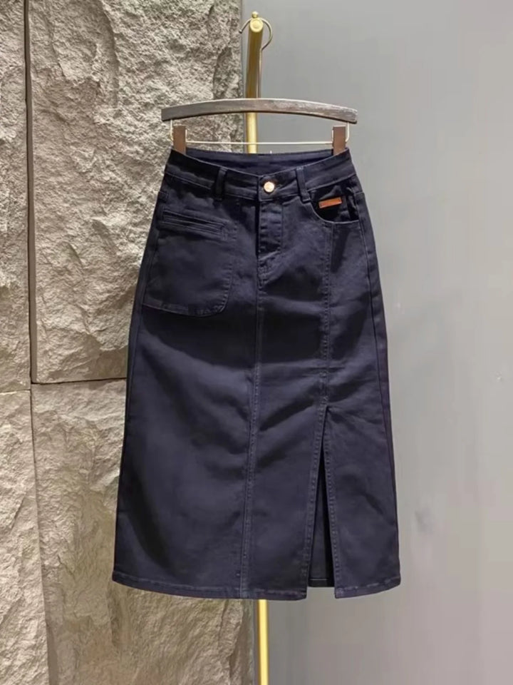 High Waist A-Line Midi Slit Denim Skirt Women&