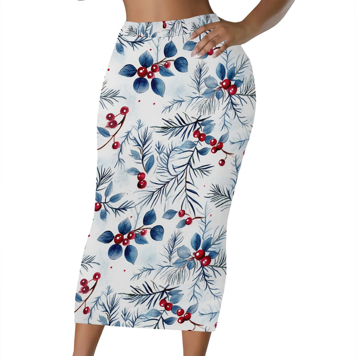 Floral Print Pencil Skirt, Red Berry Leaf Pattern Midi Skirt, High Waist Bodycon Skirt for Women Office Party Wear S-2XL