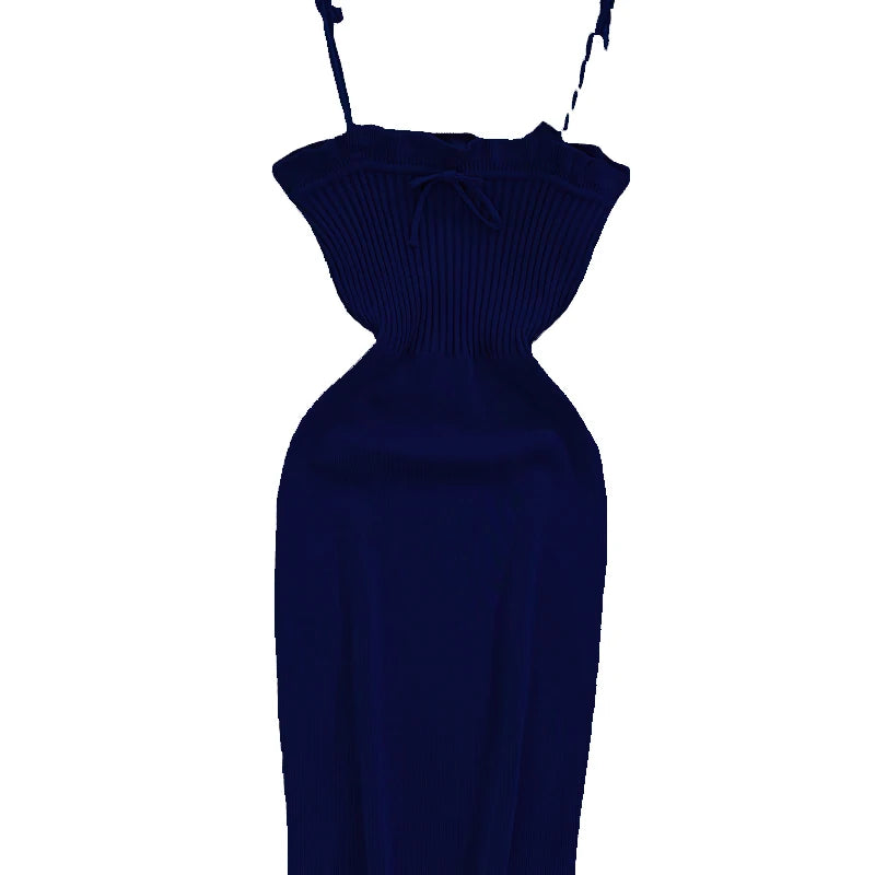 2024 Ribbed Lace Up Dress  Elegant Solid Slim Ruffle Trim Dress Women&