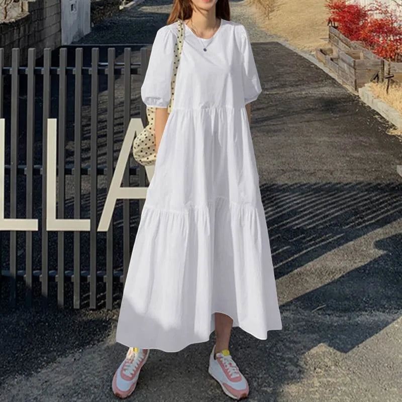 Elegant Red White Dress Women Sundress 2024 Summer Loose Casual Short Sleeve Maxi Vestidos Female O-neck Simples Robe Femme
