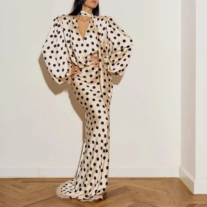 Women Elegant Polka Dot Maxi Dress 2026 new Ladies V-neck long sleeves Waist Cinched Evening Dress French Vestidos