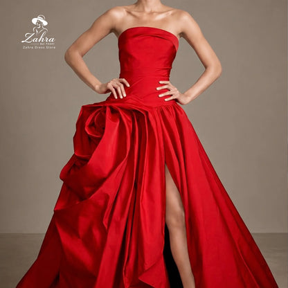 Women's Formal Evening Gowns Red A Line Evening Dress Luxury Folded Bodice 3D Rose Ruffle High Slit Satin Elegant Party Dresses