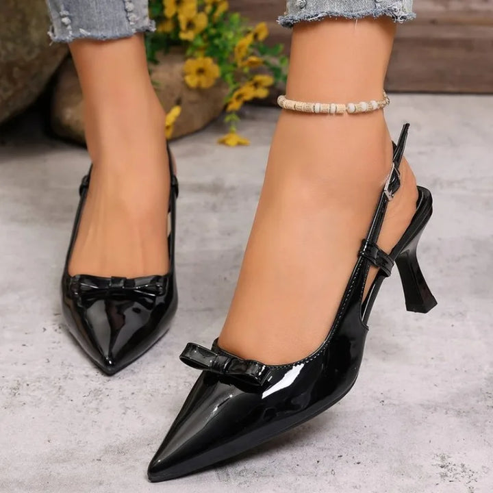Women Pointed Toe Slingback Heels Elegant Patent Leather Metal Buckle Mid Kitten Heel Dress Shoes for Party Office Wedding Shoes