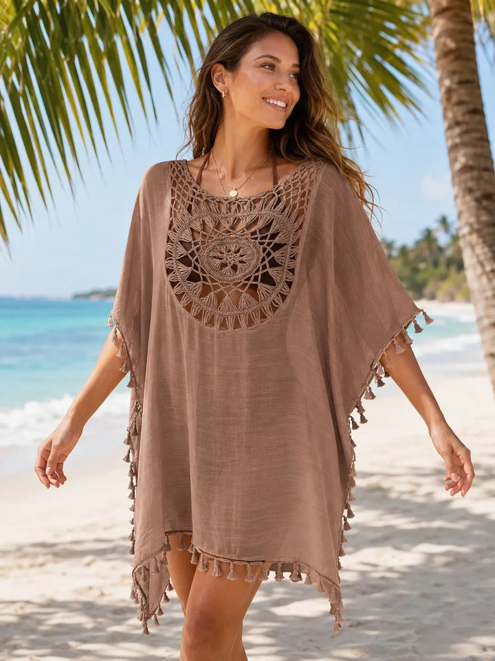 Women Crochet Tassel Beach Cover Up Hollow Out Batwing Sleeve Swim Cover Dress Boho Bikini Swimsuit Cover Up for Vacation
