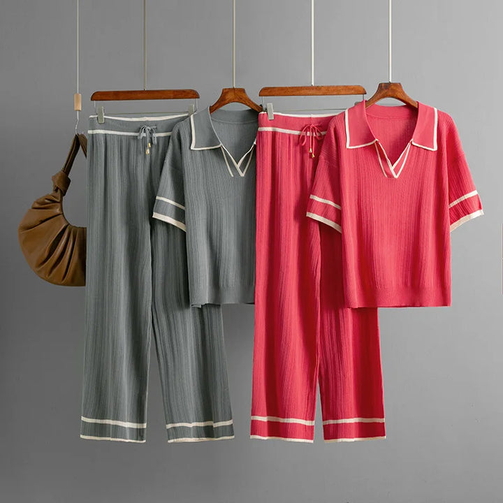 Knitting 2 Piece Sets Women Top Polo Shirt Suit Wide Leg Straight Pants Outfits Lace Up Casual Knitwear Ensemble 2025 Summer