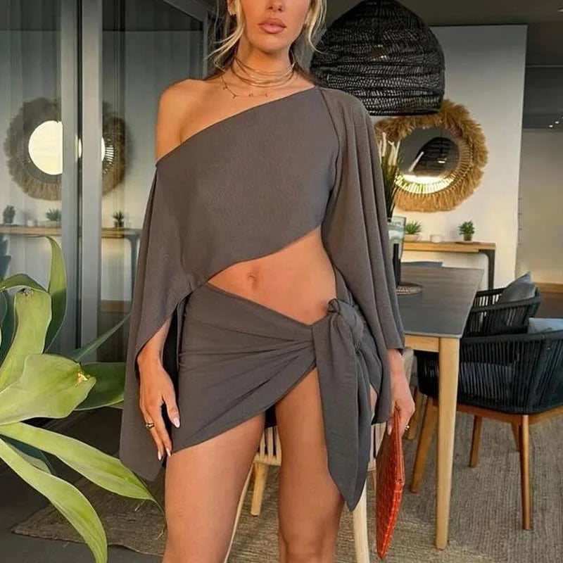 Women Two Pieces Sets Summer Crop Top+Mini Skirts Casual Clothing Suits Chic Streetwear Solid Color Lady Sexy Beach Outfits