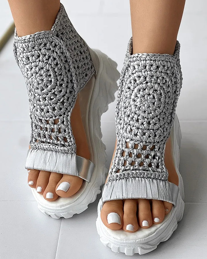 Sandals Women Braided Geometric Wedge  Knitted Elastic Summer Shoes Mesh Flat  Hollow Female Platform
