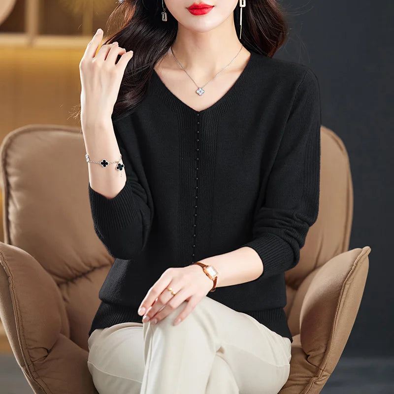 New V Neck Long Sleeve Top For Women Knitted Autumn Winter Sweater For Woman Elegant Style Knitwear Woolen Female Clothing