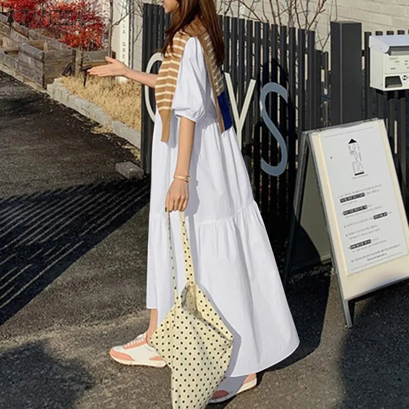 Elegant Red White Dress Women Sundress 2024 Summer Loose Casual Short Sleeve Maxi Vestidos Female O-neck Simples Robe Femme