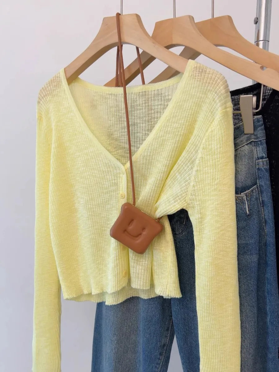 Women Outerwear Air Conditioner Shawl Single-breasted Short Tops 2026 Summer Blue V-Neck Thin Sunscreen Knit Cardigan