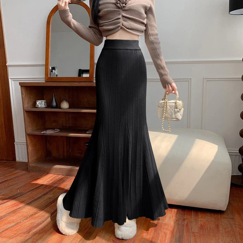 Sexy Hip-Wrapped Knitting Long Skirt for Women Elegant Elastic High Waist Mermaid Skirts Woman Pleated A Line Midi Skirt Ladies