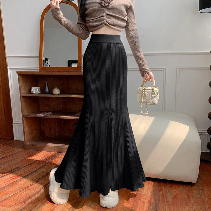 Sexy Hip-Wrapped Knitting Long Skirt for Women Elegant Elastic High Waist Mermaid Skirts Woman Pleated A Line Midi Skirt Ladies