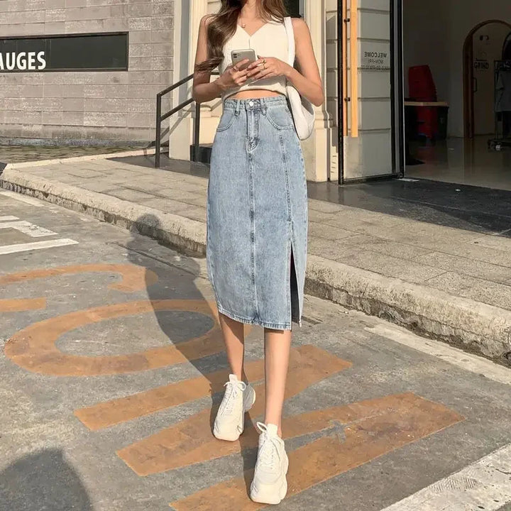 Female Jeans Skirts Midi Blue High Waist With Slit Women&