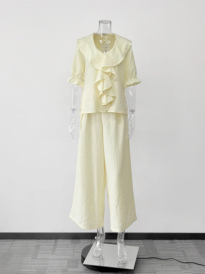 Women Linen Pajama 2 Piece Set Short Sleeve Front Ruffle Shirt PJs Pants Lounge Cute Sleepwear Casual Homewear Set