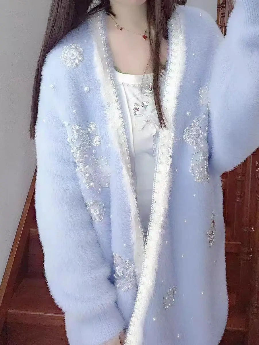 New In Winter 2025 Long Thick Knitwear Cardigan Coat for Women Long Sleeve Faux Fur Warm Sweater Jacket Korean Popular Clothes