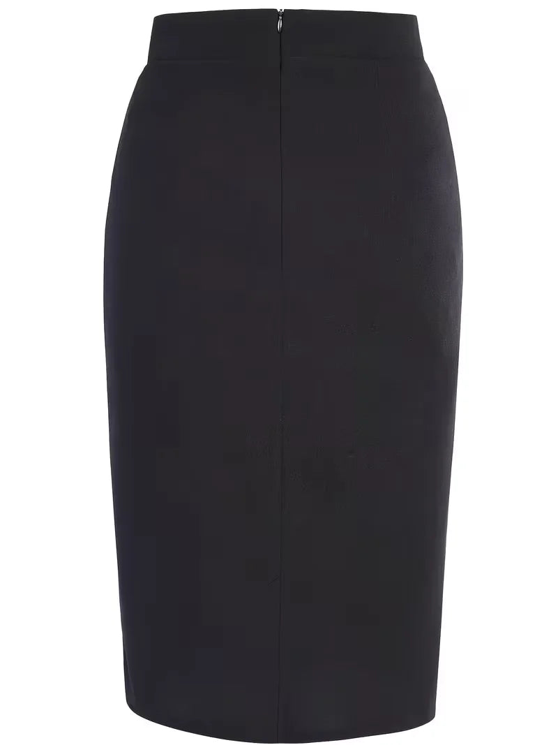 Women Elegant Summer Office Work Skirts Women Elastic High Waist Golden Button Midi Fitted Pencil Skirt