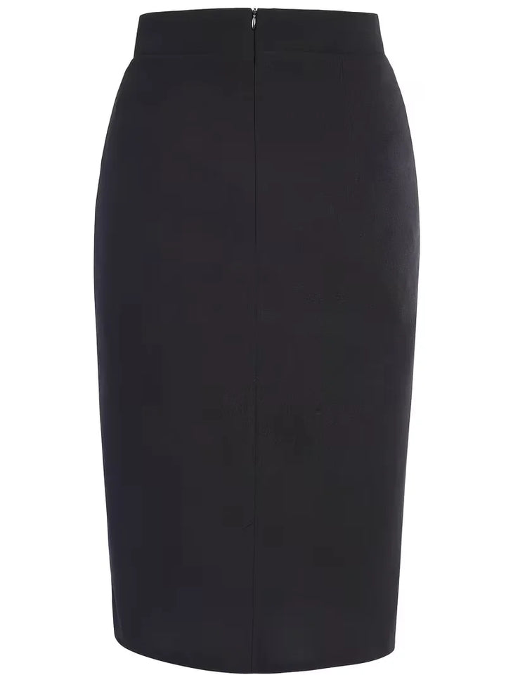 Women Elegant Summer Office Work Skirts Women Elastic High Waist Golden Button Midi Fitted Pencil Skirt