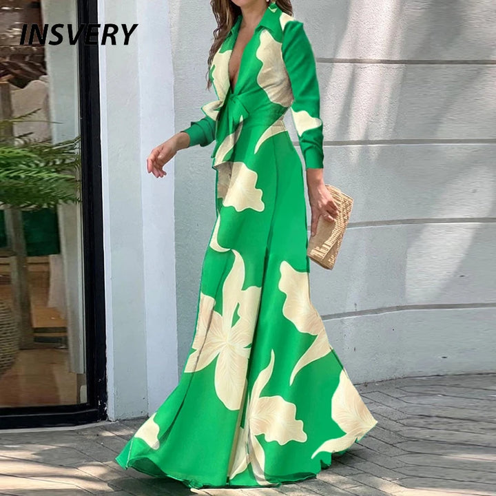 Elegant Maxi Dresses For Women V Neck Lace Up Flower Print Casual Long Sleeve High Waist Long Dress Boho