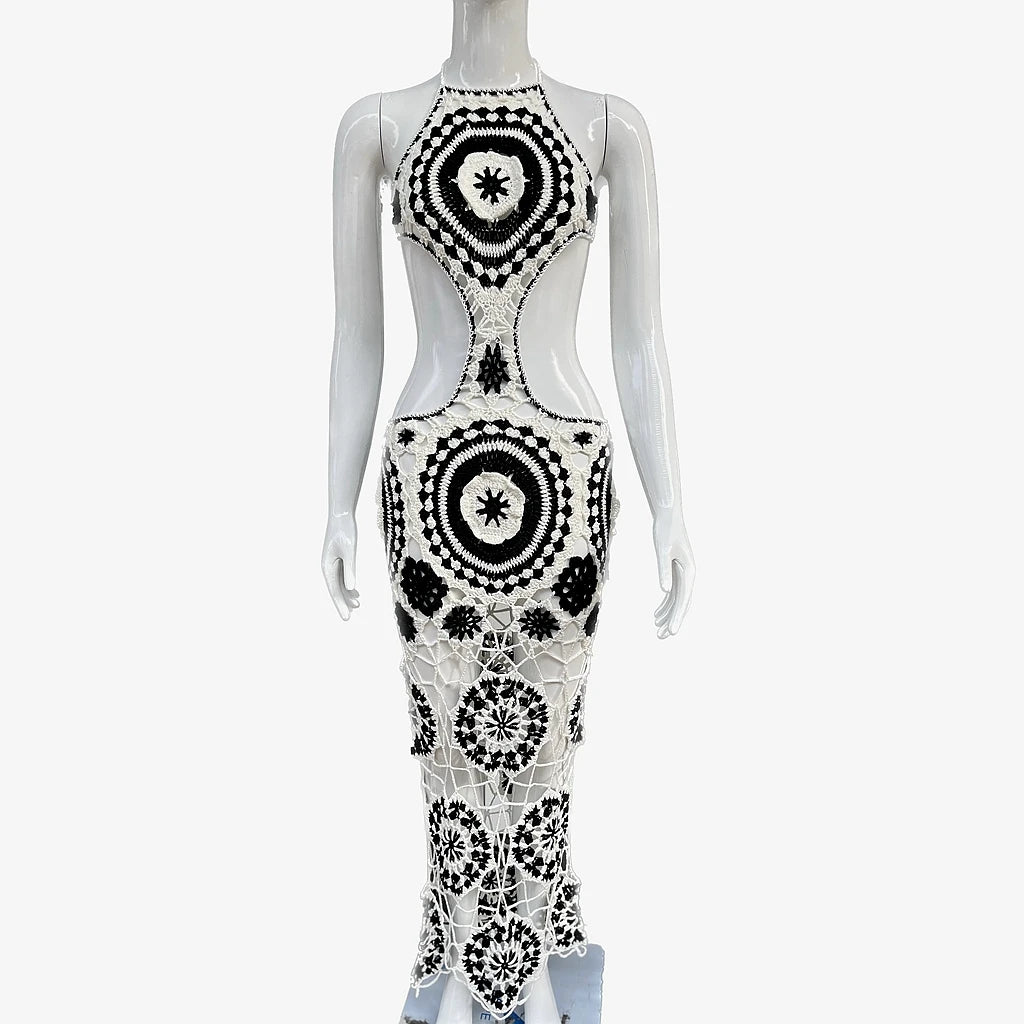 White Combo Halter Backless Crochet Knit Long Maxi Dress for Women Sexy Hollow out Summer Club Party Outfit Fashionable