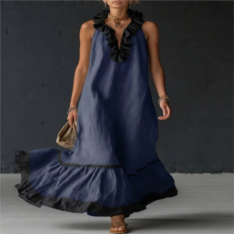 Fashion Patchwork Maxi Dress for Woman V Neck Stringy Selvedge Ruffle Flowy Long Dresses 2026 Summer Beach Vacation Sundress